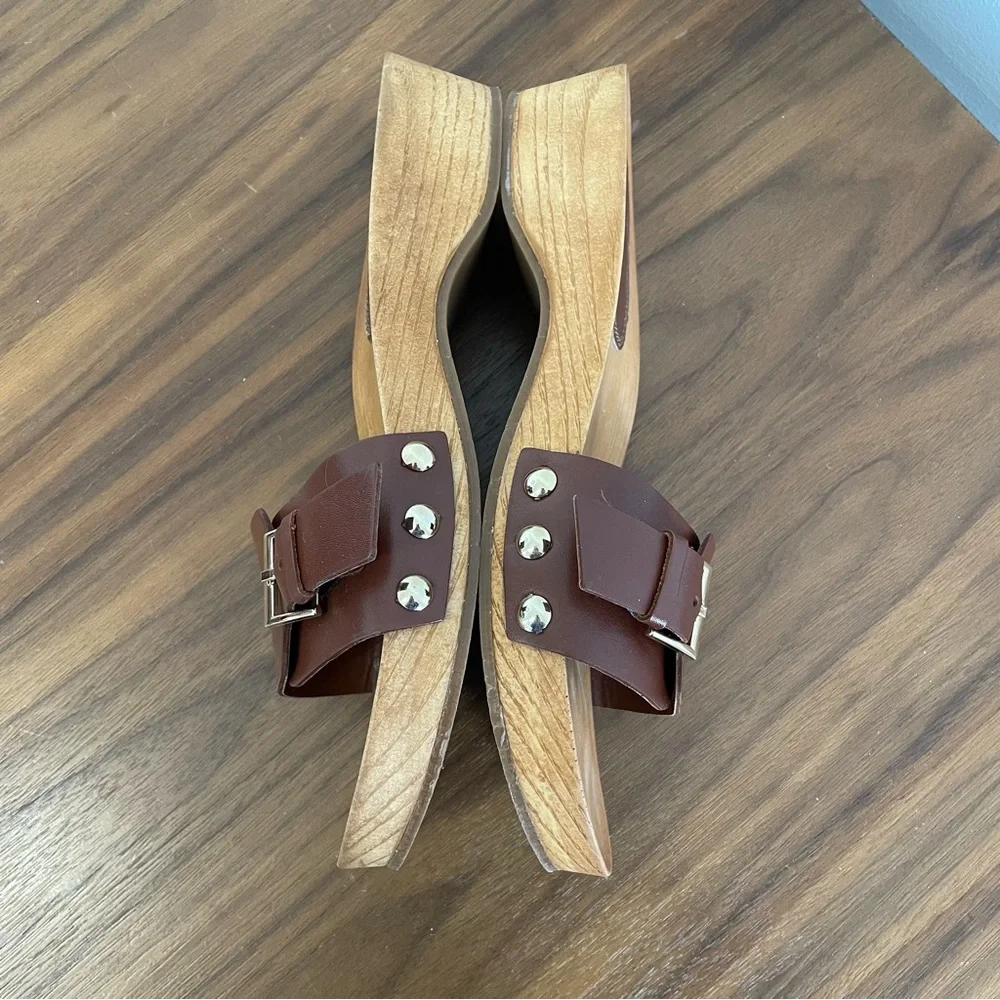 Zara flat leather sandals with wood effect soles cognac brown leather upper - Picture 6 of 11